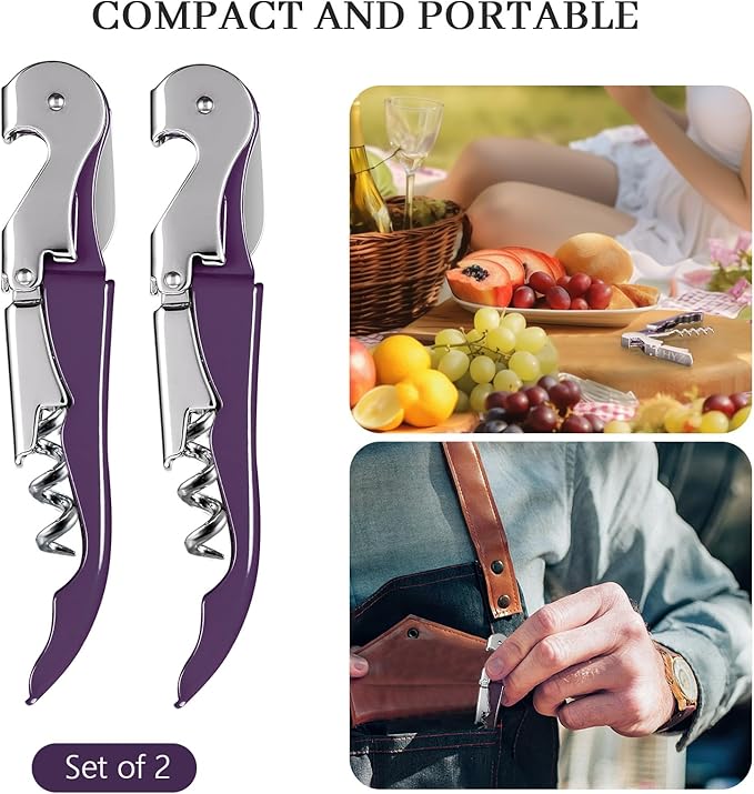 HYZ 2-Pack Wine Opener Waiter Corkscrew, Professional Wine Key for Servers, Bartender with Foil Cutter, Manual Wine Bottle Opener Double Hinged (Plum) - Image 7