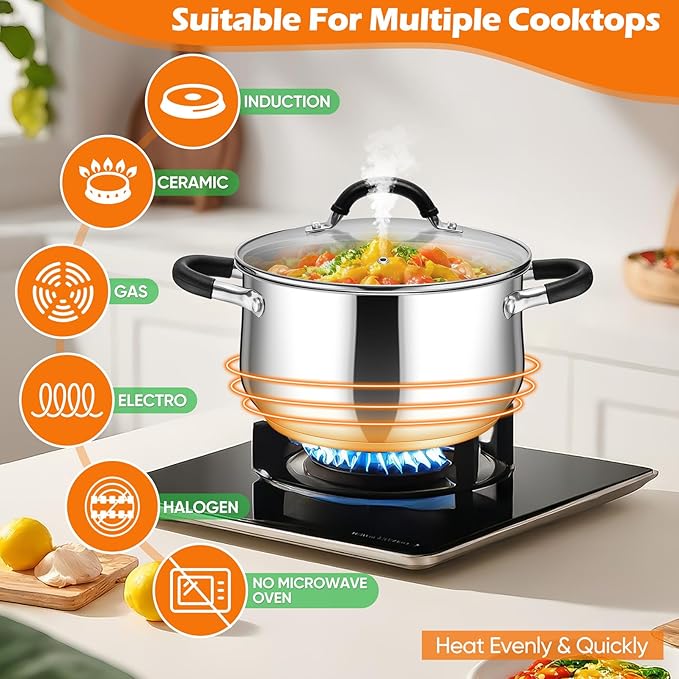 P&P CHEF Stainless Steel Stock Pot, 6 Qt Cooking Soup Pot with Visible Lid for Pasta, Tri-Ply Bottom & Dual Heatproof Handles, For Induction Gas All Stoves, Non-Toxic & Dishwasher Safe - Image 6