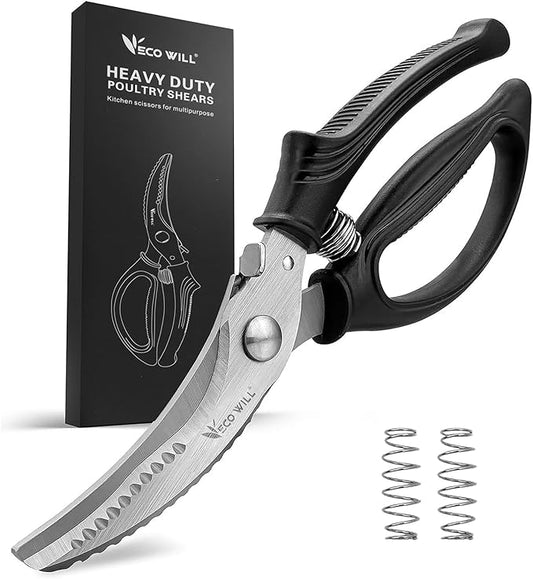 Heavy Duty Kitchen Poultry Shears with 2 Springs, Non-Slip Handle & Safety Lock, Dishwasher Safe, Stainless Steel Scissors for Meat, Chicken, Bones, Fish, Vegetables, and More