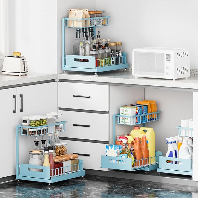 Saydear Under Sink Organizer Storage 2-Tier Premium Metal Pull-Out Kitchen Cabinet Organizer with Sliding Drawer, Height Adjustable, Heavy Duty for Kitchen & Bathroom Organizers 1 Pack Teal - Image 3