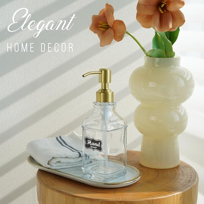 JASAI Antique Square Glass Soap Dispenser with Golden Rust Proof Pump, Refillable soap Dispenser with 10Pcs Stickers for Kitchen, Dish Soap Dispenser for Kitchen Bathroom Soap, Hand soap, Lotion. - Image 7