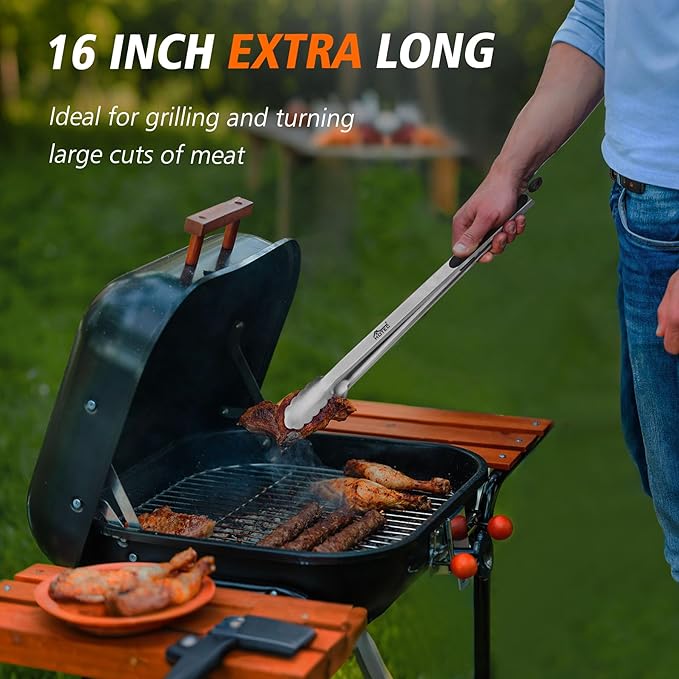 Hotec Stainless Steel Kitchen Tongs, 16 Inch Extra Long Locking Metal Food Tongs for Cooking, Serving, BBQ, Grill Non-Slip Grip - Image 2