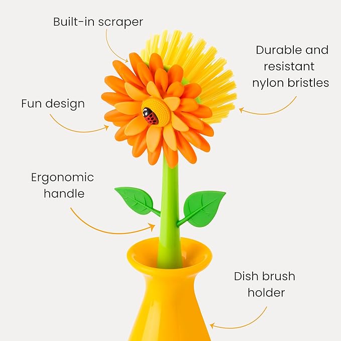 Vigar Flower Power Dish Brush with Handle and Vase Dish Brush Holder, Kitchen Scrub Brush for Pot Scrubber, Dishes, and Sink Cleaning, Orange, Green - Image 3