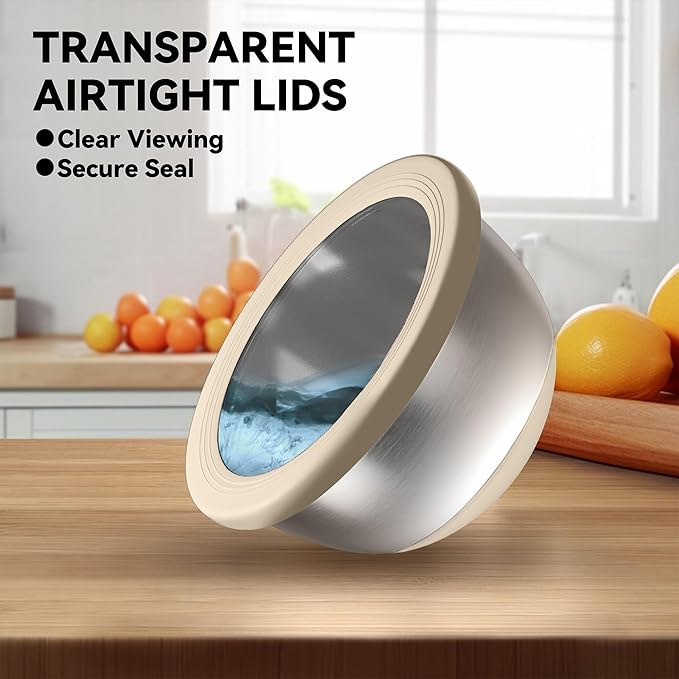 KITEISCAT Stainless Steel Mixing Bowls with Lids – Set of 5 Large Nesting Metal Bowls for Kitchen, Baking, Cooking, Food Prep & Storage, Non-Slip Base, Dishwasher Safe,Khaki - Image 3