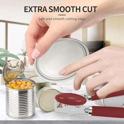 Safring Can Opener Manual, Heavy Duty Stainless Steel Smooth Edge Can Openers With Soft Touch Handle, Oversized Handheld Easy Turn Knob, Multi-Function Bottle Opener, Red