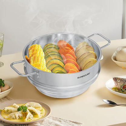 SUNHOUSE 5 Quart Stainless Steel Steamer Insert – Multi-Purpose Soup & Food Steamer with Stay-Cool Handles & Heavy-Duty Glass Lid – Fits Various Pot Sizes (8", 8.5", 9.5") - Image 9