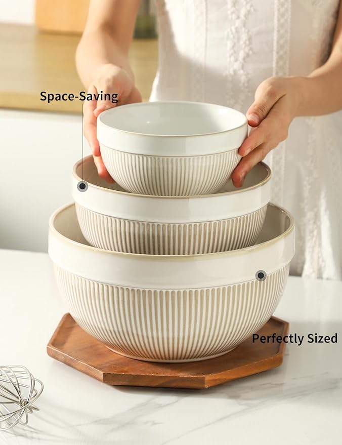 Large Ceramic Mixing Bowls, Glazed White Kitchen Bowl (10"/8"/6"), Set of 3 Nesting Bowls for Baking, Cooking, Serving, Prepping, Dough Kneading, Microwave and Dishwasher Safe - Image 3