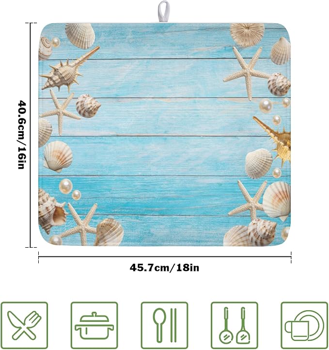 Summer Coastal Dish Drying Mat for Kitchen Counter Seashell Starfish Blue Wooden Board Microfiber Dish Drainer Mat Ocean Nautical Absorbent Washable Drying Pad Extra Large 16"x18"