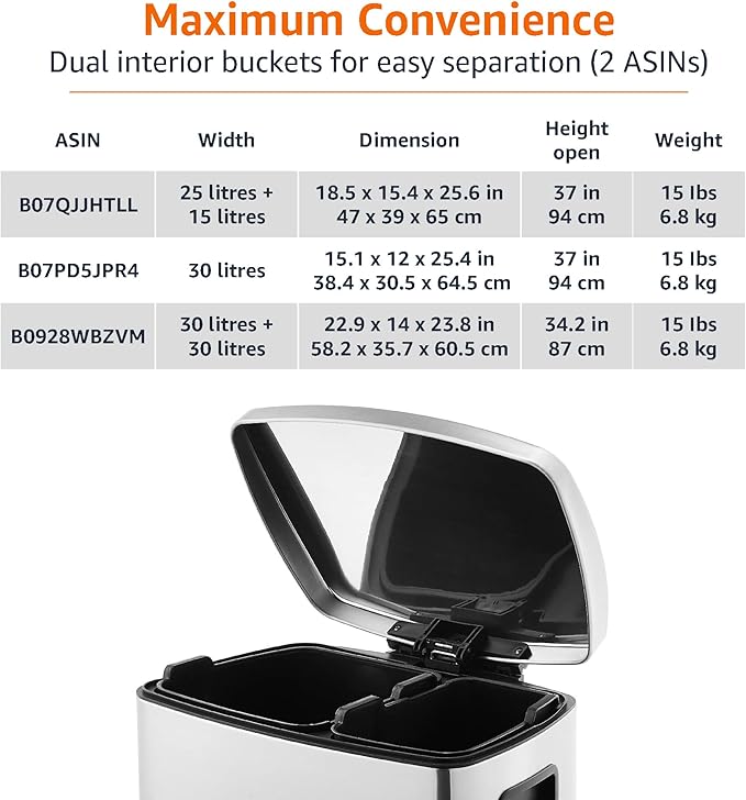 Amazon Basics Dual Compartment Recycling Trash Can with Soft-Close Lid, Fingerprint Resistant, Removable Liner Buckets, 60 Liters, Rectangular, Grey, Silver - Image 5