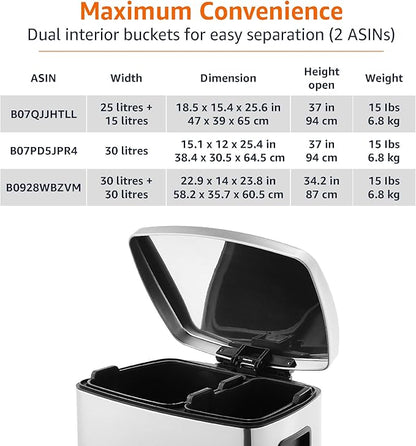 Amazon Basics Dual Compartment Recycling Trash Can with Soft-Close Lid, Fingerprint Resistant, Removable Liner Buckets, 60 Liters, Rectangular, Grey, Silver - Image 5