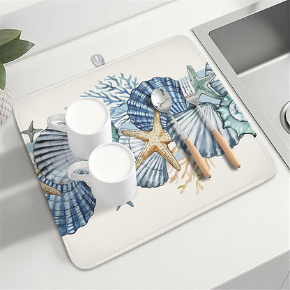 Summer Sea Shell Drying Mat 18x16 Inch, Starfish Drying Mat with Absorbent Reversible Microfiber, Coastal Dish Drainer Mats Holiday Ocean Rack Pad for Coffee Countertop Kitchen Protector