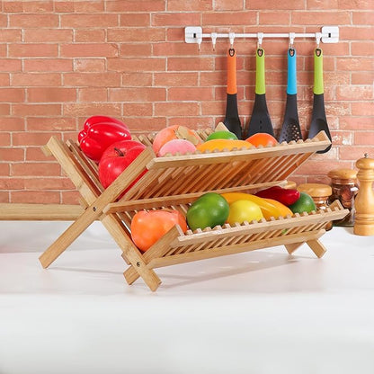 Collapsible Bamboo Dish Drying Rack - 2 Tier Space Saving Kitchen Counter Organizer, Holds 19 Plates, Bowls & Utensils (17.8"x10.23"x9.25")