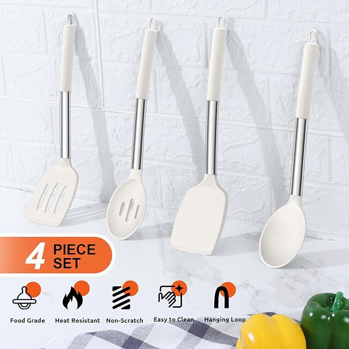 E-far Cooking Utensils Set of 4, Silicone Kitchen Utensils for Non-stick Cookware, Heat Resistant & Non-toxic Slotted Spatula Solid Spoon Turner for Flipping Mixing Serving Basting(White) - Image 3