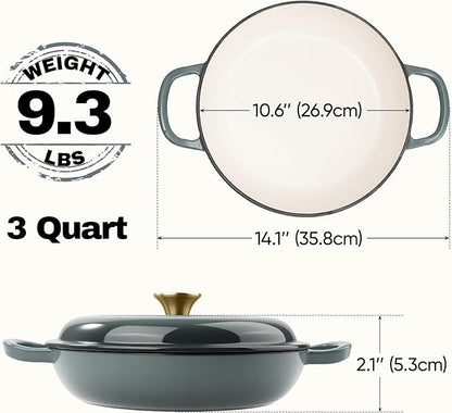 3 Quart Enameled Cast Iron Braiser, Non Stick Enameled Cast Iron Skillet with Lid, Dutch Oven Skillet with lid up to 500°F for Oven, Stove, Grill, Shallow Dutch Oven for Cook, Bake (Gray)