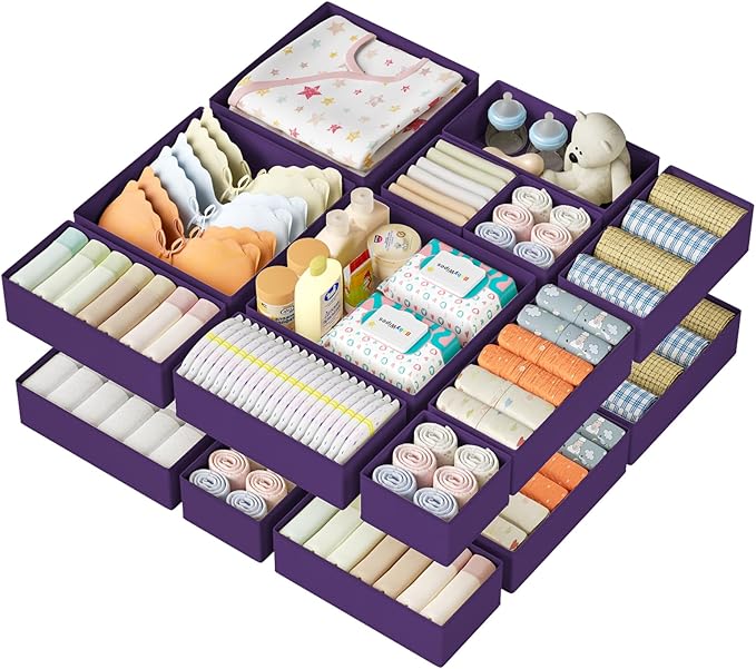 DIMJ Drawer Organizer Clothes 15 Pack - Foldable Baby Organizers and Storage & Dresser Organizer for Bedroom, Closet - Nursery Organization Dresser Dividers for underwear, Sock,Bra, Belt, Tie, Purple by DiMJ
