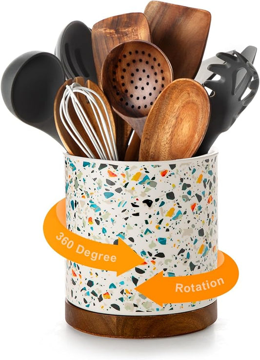 Nucookery 360°Rotating Utensil Holder, 7.2" Large Utensil Crock, White Ceramic Cooking Utensil Organizer,Farmhouse Kitchen Decor Christmas Thanksgiving Gift (Marble Pattern) by Nucookery
