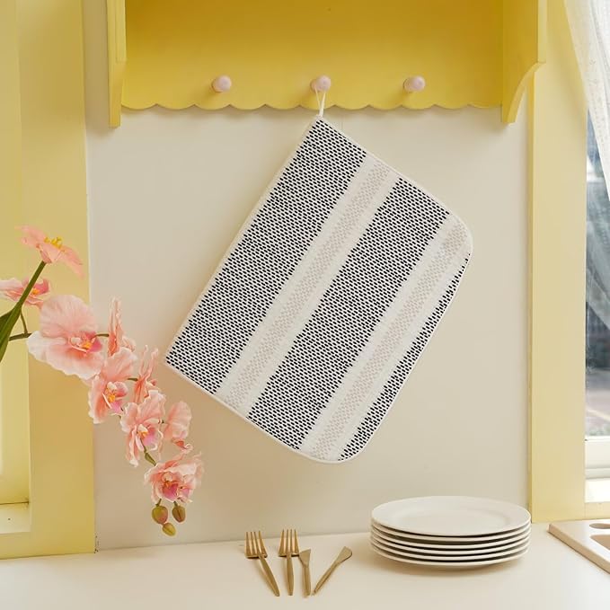 Boho Black Dish Drying Mat 18 x 24 inch Modern Geometry Polka Dot Striped Decorative Drying Mats Microfiber Absorbent Dish Washable Draining Mat for Kitchen Counter Decor