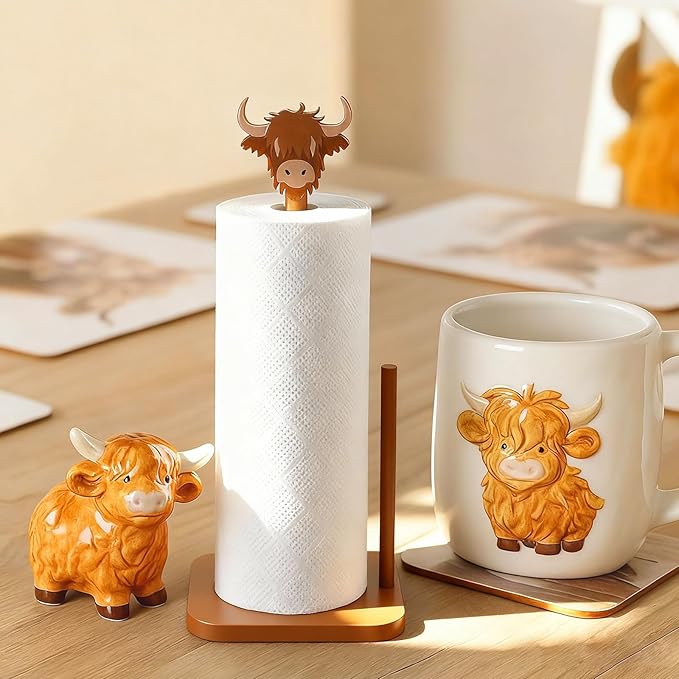 Leinuosen Brown Paper Towel Holder Cute Highland Cow Wooden Paper Towel Holder Brown Bathroom Countertop Accessories Kitchen Stand Organizer Standing Apartment Decor Housewarming Gift