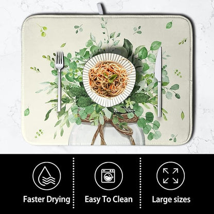 Spring Sage Green Leaves Dish Drying Mat for Kitchen Counter Eucalyptus Leaf Floral Mason Jar Dishes Drainer Mats Absorbent Microfiber Dish Draining Mat Reversible Dish Pad 16x18 Inch - Image 4