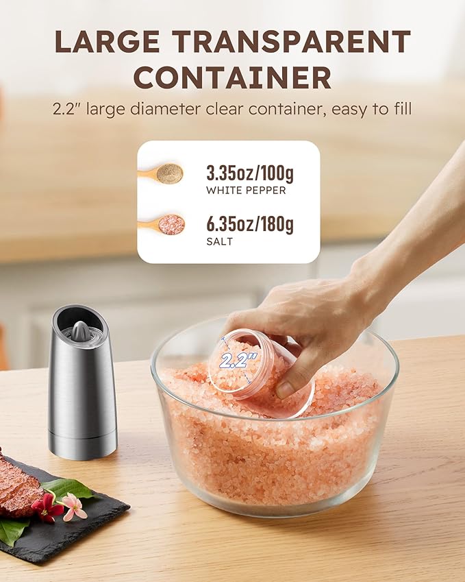 Sangcon Gravity Electric Pepper and Salt Grinder Mill Set Automatic Shakers Grinder with LED Light, Battery Powered Adjustable Coarseness One Hand Operation, Random X or XL Capacity - Image 7