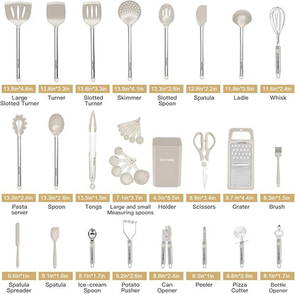 Kitchen Utensil Set-Silicone Cooking Utensils-33 Kitchen Gadgets & Spoons for Nonstick Cookware-Silicone and Stainless Steel Spatula Set-Best Kitchen Tools, Useful Pots (Khaki) - Image 2