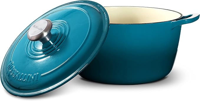ROSSALLINI Signature Enameled Cast Iron Dutch Oven, Non-Stick Serving Pot with Tight Fitting Lid for Perfect Roasting, Baking, Sauteing, and Bread Making | 13.5Q (12.7L) - Ocean Blue