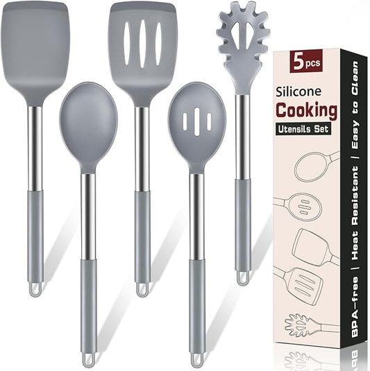 5Pcs Silicone Cooking Utensils Set, Heat Resistant Kitchen Tools Include Solid&Slotted Spatula, Cooking Spoon and Pasta Server, Silicone Kitchen Utensils set for Nonstick Cookware Flipping, Gray by Unknown