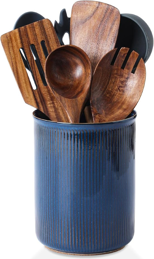 LoeJan Utensil Holder, Extra Large Utensil Crock, Stable Ceramic Utensil Organizer, Cooking Tool Organizer Set for Kitchen Counter Farmhouse Décor, Flambe Blue by LoeJan