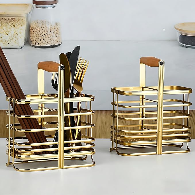 Caliamary Utensil Holder, Stainless Small Stainless Steel Cutlery Drainer Caddy for Kitchen Counter, Silverware Cutlery Flatware Holder Forks, Knives, Spoons, Chopsticks Organizer (Gold)