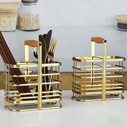 Caliamary Utensil Holder, Stainless Small Stainless Steel Cutlery Drainer Caddy for Kitchen Counter, Silverware Cutlery Flatware Holder Forks, Knives, Spoons, Chopsticks Organizer (Gold)