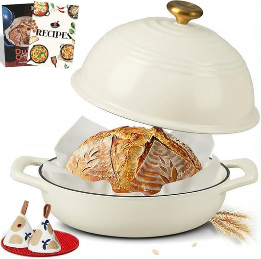 Overmont Enameled Cast Iron Bread Oven - 6QT Bread Dutch Oven for Sourdough Baking - Bread Pot with Dome Lid Cotton Potholders & Cookbook - Multi-Functional Bread Pan For Baking Frying Roasting by Overmont