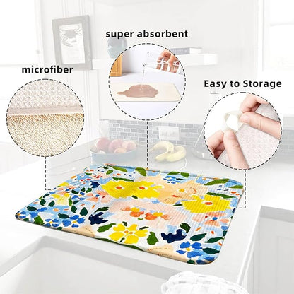 Blue and Yellow Floral Large Dish Drying Mats, Reversible Dish Drying Pads for Kitchen Counter Foldable and Stored in a Drawer,18"x24" Extra Large Draining Mat Protect for Kitchen,Bar Counter - Image 6