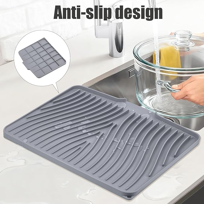 TIKNIK Silicone Dish Drying Mat, Stone Drying Mat for Kitchen Counter with Built-In Drain, Non-Slip Drain Pad with Built-in Drain, Heat Resistant Stone Drying Mat, Hangable, Grey-1pcs, 16" x 12" - Image 3