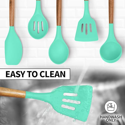 Zulay Kitchen Non-Stick Cooking Utensils Set with Authentic Acacia Wood Handles – 5-Piece Durable & Stylish Silicone Kitchen Utensils Set – Heat Resistant to 464°F – Mint - Image 7