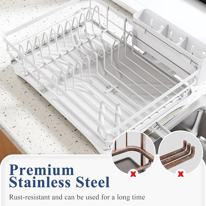 SNTD Dish Drying Rack for Kitchen Counter - Large Dish Rack with Drainboard, Rustproof Dish Drainer with Utensil Holder for Sink, White - Image 5