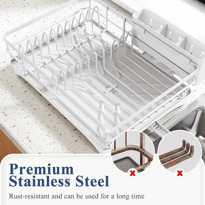 SNTD Dish Drying Rack for Kitchen Counter - Large Dish Rack with Drainboard, Rustproof Dish Drainer with Utensil Holder for Sink, White - Image 5
