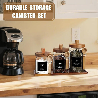 Suclain 3 Pcs Glass Coffee Container with Wooden Lid Spoon Shelf Labels Clear Airtight Jar Food Storage Canister Set for Sugar Spice Coffee Bean Holder Housewarming Gift(13.5,20,25 oz,Acacia Brown) - Image 6