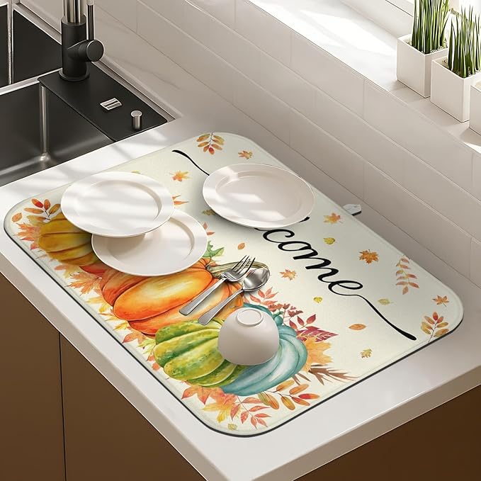 Dish Drying Mat Drainer Pads - Extra Large Microfiber Drying Mats for Dishes Kitchen Counter Super Absorbent Pads for Draining Racks (Orange,18"x24" )