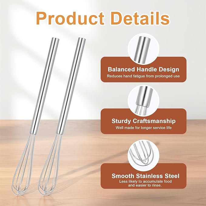 Ptwola 2 Pack Mini Whisk Small Whisks for Cooking Stainless Steel Wire Whisk 10.2 Inches Kitchen Hand Whisk for Eggs Coffee Mixing Sauces Cheese Bread Beating Home Tool