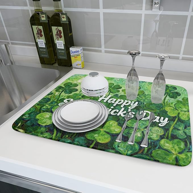St Patricks Day Lucky Clover Dish Drying Mat for Kitchen Counter 18x24 Green Shamrock Happy Holiday Theme Absorbent Reversible Microfiber Drying Mats Kitchen Countertop Protector Dishes Drainer Pad - Image 6