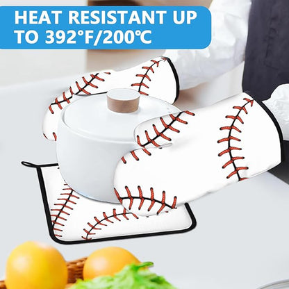 Baseball Oven Mitts and Pot Holders Sets Heat Resistant 4Pcs Potholders Oven Gloves Hot Pads for Kitchen Baking Cooking Grilling BBQ