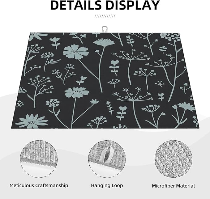 Gray Flower Dish Drying Mats for Kitchen Counter, Large 18"x24" Dish Mats for Drying Dishes, Microfiber Absorbent Dish Drying Pad Rack Mat Kitchen Decor Reusable Washable