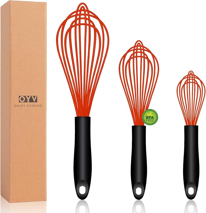 OYV Red Silicone Whisk, Sealed Waterproof Design Set of 3, Professional Kitchen Whisks for Cooking Non-Scratch, Silicone & Stainless Steel Whisk, Heat Resistant 480°F Balloon Egg Beater by OYV