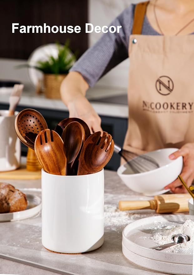 Nucookery Utensil Holder, 6.4" Ceramic Kitchen Utensil Holder with Countertop-Protection Cork Bottom, Farmhouse Kitchen Decor for Counter, Gift (White) - Image 6