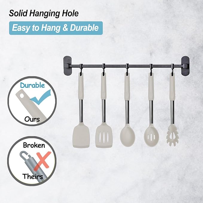 Silicone Spatula and Cooking Spoon,5 Pack Non-Stick Cooking Utensils for Kitchen，Heat Resistant Solid & Slotted Spoons and Spatulas, Stainless Steel Handle Coated with Silicone, Khaki - Image 5