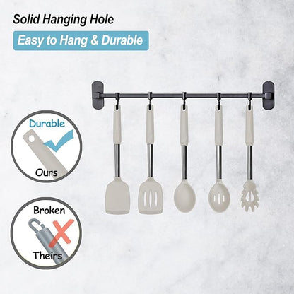 Silicone Spatula and Cooking Spoon,5 Pack Non-Stick Cooking Utensils for Kitchen，Heat Resistant Solid & Slotted Spoons and Spatulas, Stainless Steel Handle Coated with Silicone, Khaki - Image 5