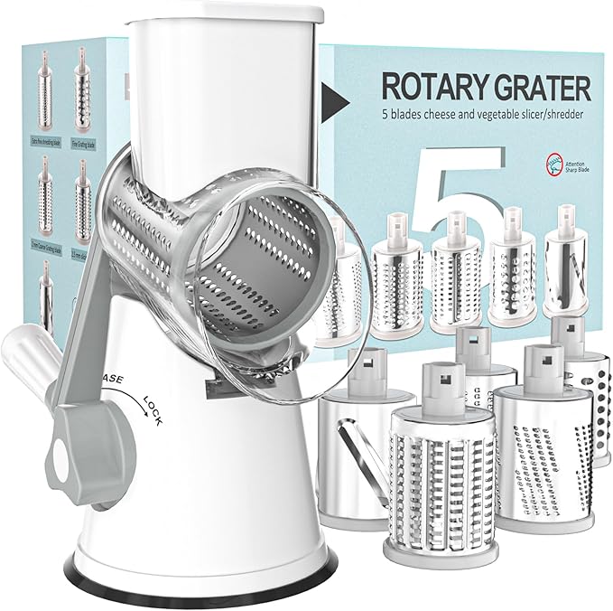 Cambom 5 in 1 Rotary Cheese Grater Hand Crank Cheese Shredder for Fresh Cheese, Vegetable, Nuts,Non-slip Suction Base, Five Blades, White by Cambom