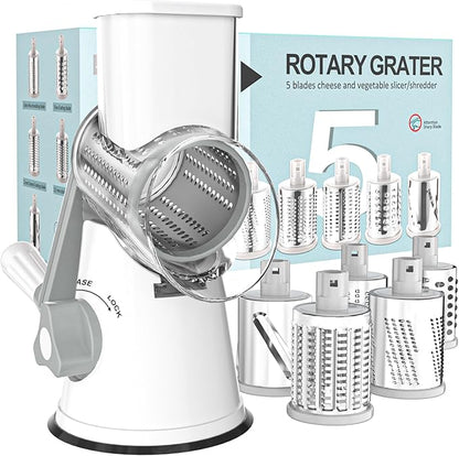 Cambom 5 in 1 Rotary Cheese Grater Hand Crank Cheese Shredder for Fresh Cheese, Vegetable, Nuts,Non-slip Suction Base, Five Blades, White by Cambom