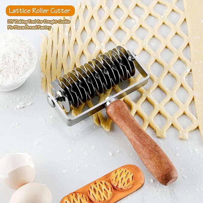 Stainless Steel Lattice Roller Cutter With Wood Handle - Dough Baking Tool for Cookie, Pie, Pizza, Bread, Pastry Crust - Household Time-Saver for Biscuits