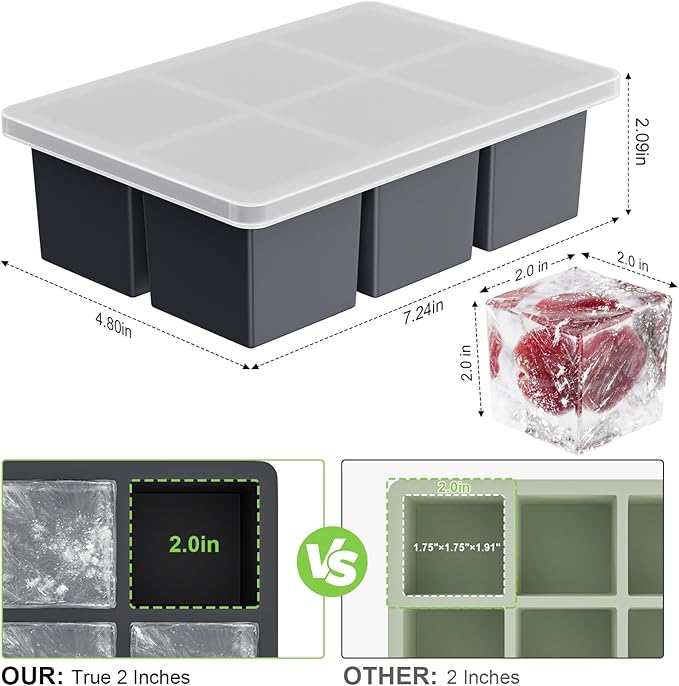 Large Ice Cube Tray for Whiskey: 2" Big Silicone Ice Tray with Lid for Whisky - 3Pack Old Fashioned Ice Cube Trays for Cocktail - Huge Square Cubed Bourbon Ice Cube Maker - Image 6